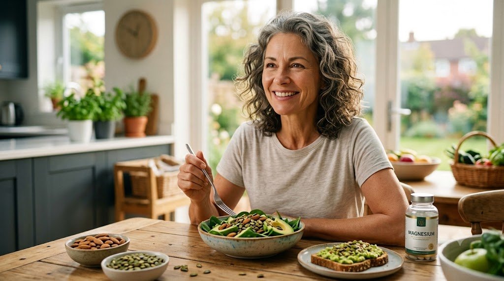 Magnesium-rich foods for healthy aging including spinach, almonds, avocado, and pumpkin seeds