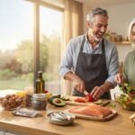 Healthy adults preparing omega-3-rich foods for healthy aging