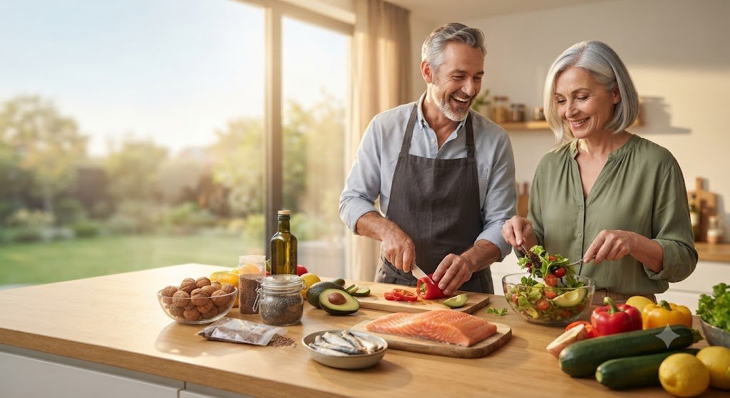 Healthy adults preparing omega-3-rich foods for healthy aging