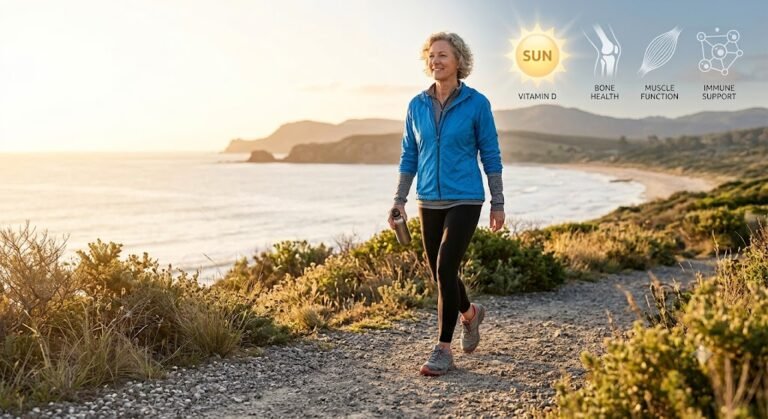 Adult over 50 walking in sunlight to support vitamin D for healthy aging