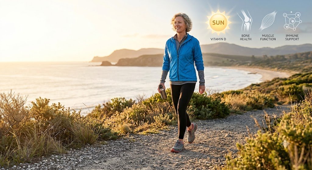Adult over 50 walking in sunlight to support vitamin D for healthy aging