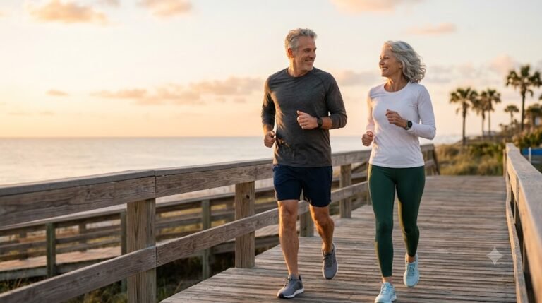 Active adults over 50 jogging at sunrise to improve VO₂ max and support healthy aging