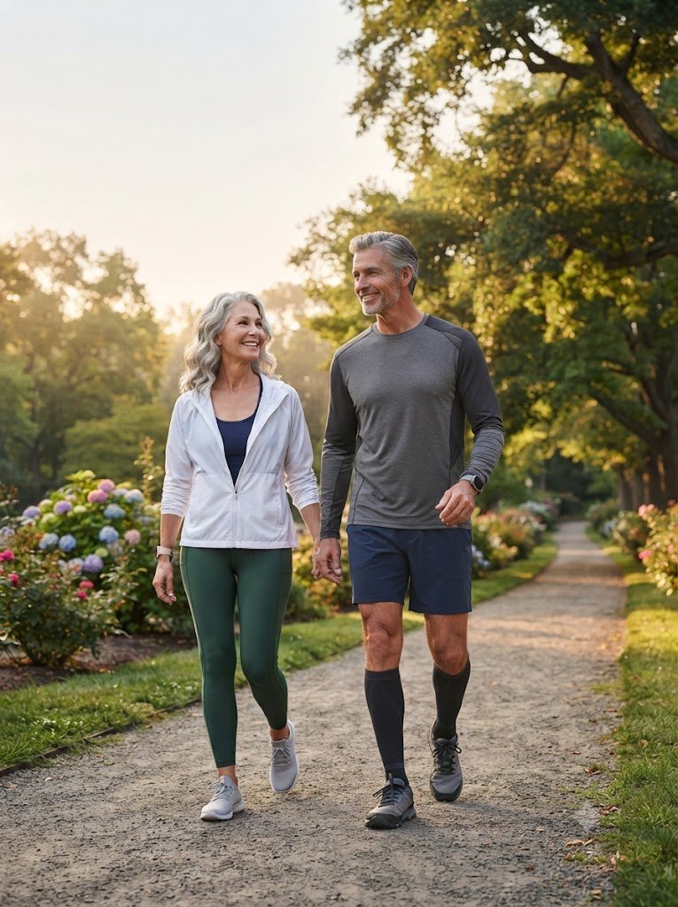 Healthy adults over 50 walking briskly in a park to support walking and longevity
